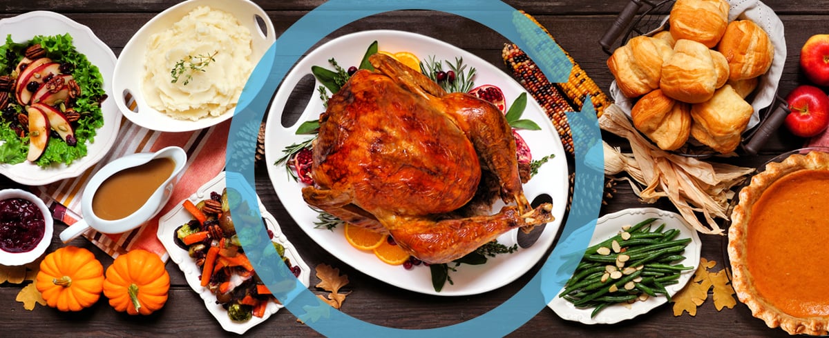 Thanksgiving table with turkey and other key holiday dishes