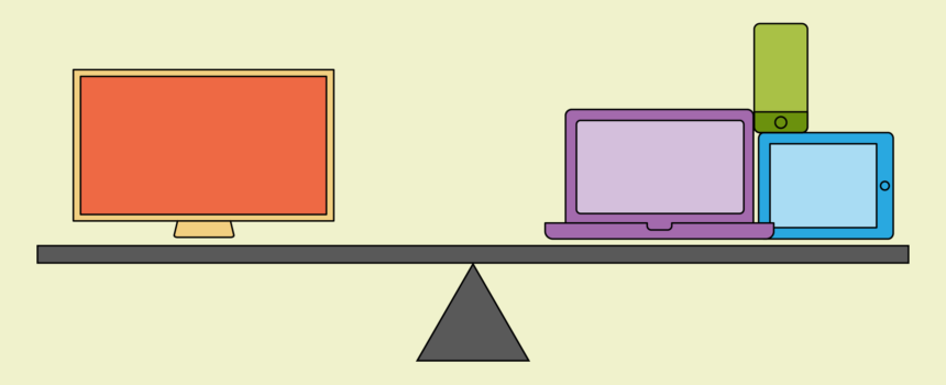 Balancing Scale, with TV on the left equalling the weight of the laptop, tablet and phone