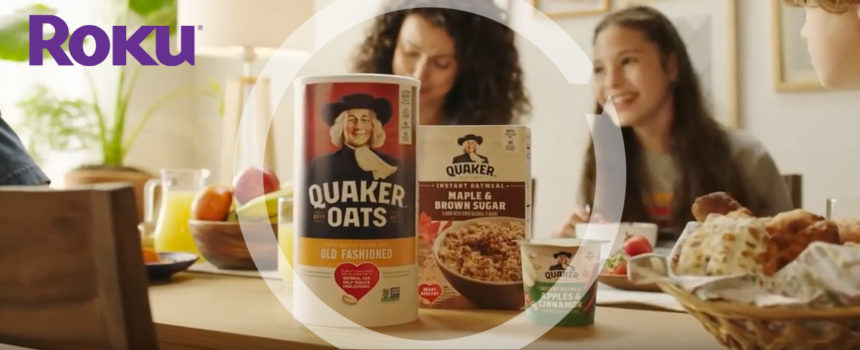 Mother and daughter enjoying Quaker Oats breakfast, purple Roku logo in top left hand corner.