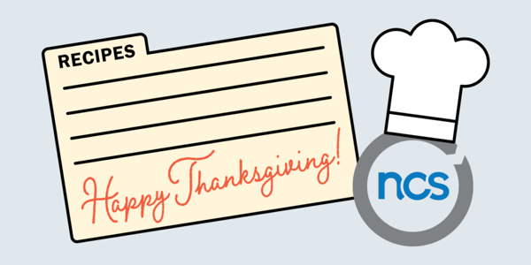 Recipe card that says “Happy Thanksgiving” and NCS logo wearing a chef hat