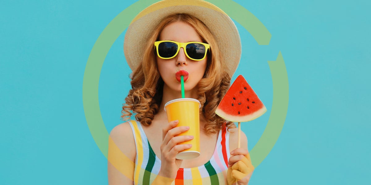 Woman with sunglasses drinks and holds watermelon. 