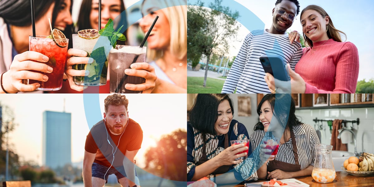 A collage of four photos of people who represent the different sober curious personality types.