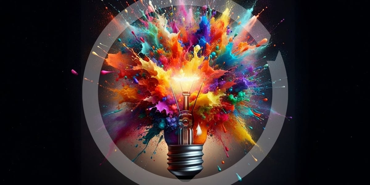  A bright lightbulb with colorful paint exploding outwards, surrounded by a gray circular outline on a dark background.