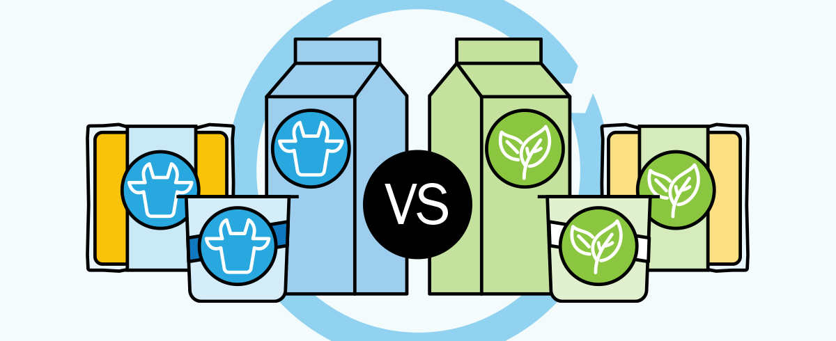 Blue milk cartons with cows vs green milk cartons with plants